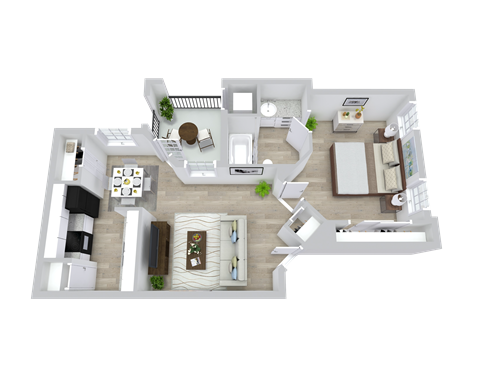 A 3D floor plan of a house with a kitchen, living room, and two bedrooms.